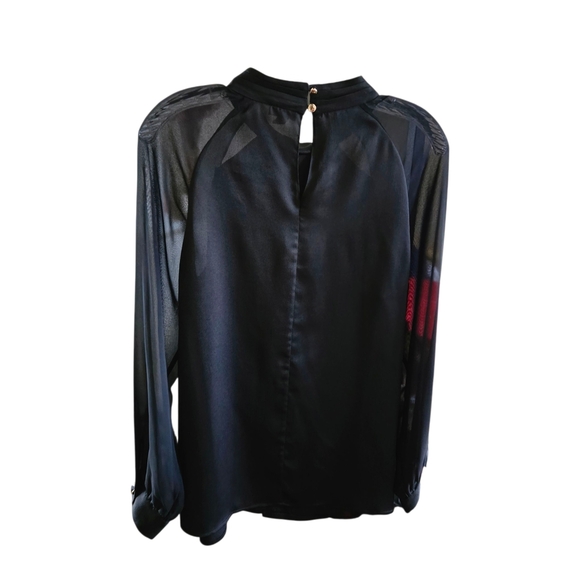 Vince Camuto Black Sheer Sleeve Mock Neck Long Sleeve Blouse Top Women's M - Picture 2 of 9